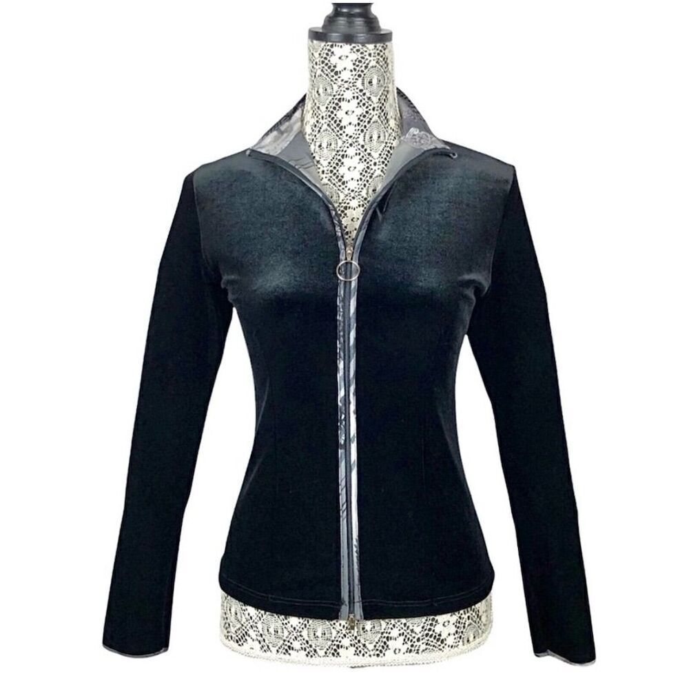 Papillon Blanc Women's Black Velvet Fitted Zip Front Jacket Size S Casual